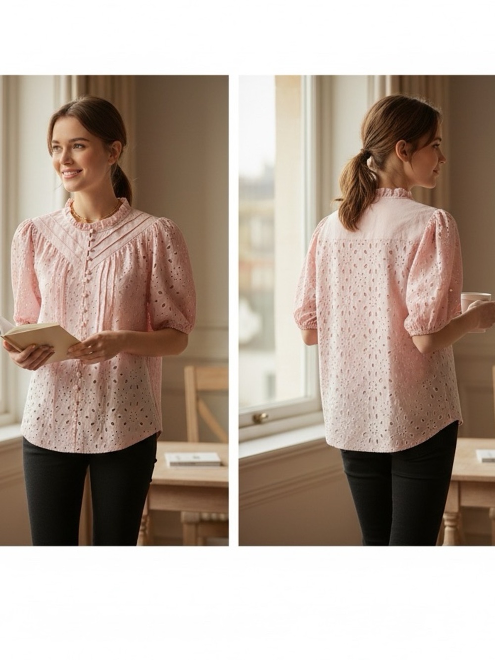 👛(ANY 2/$20) PRETTY GARDEN Pink Puffy Sleeve Blouse With Cutouts Overlay